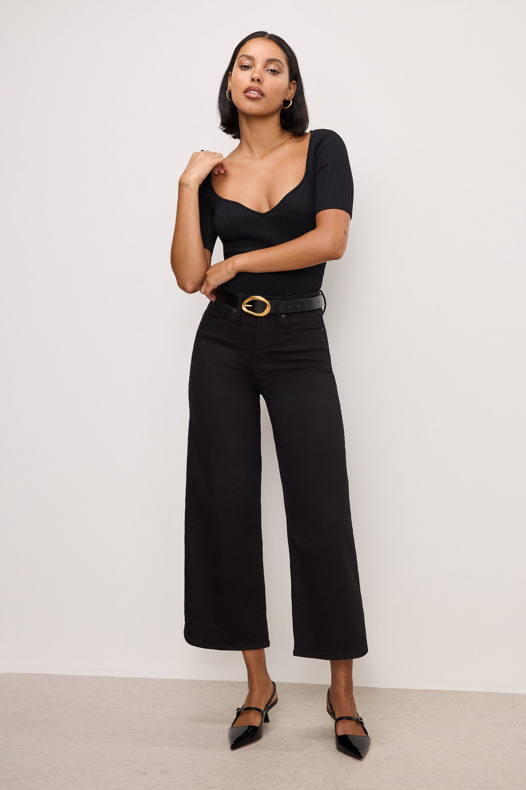 Luxury NEVER FADE GOOD WAIST CROPPED PALAZZO JEANS BLACK001