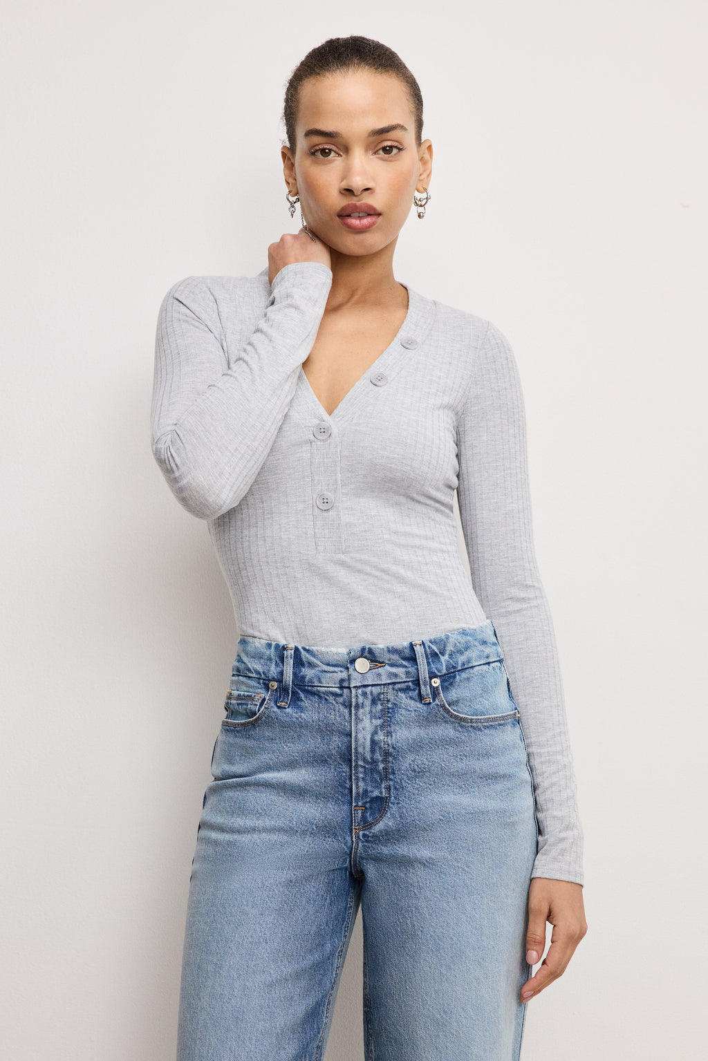 Luxury RIBBED HENLEY BODYSUIT HEATHER GREY001
