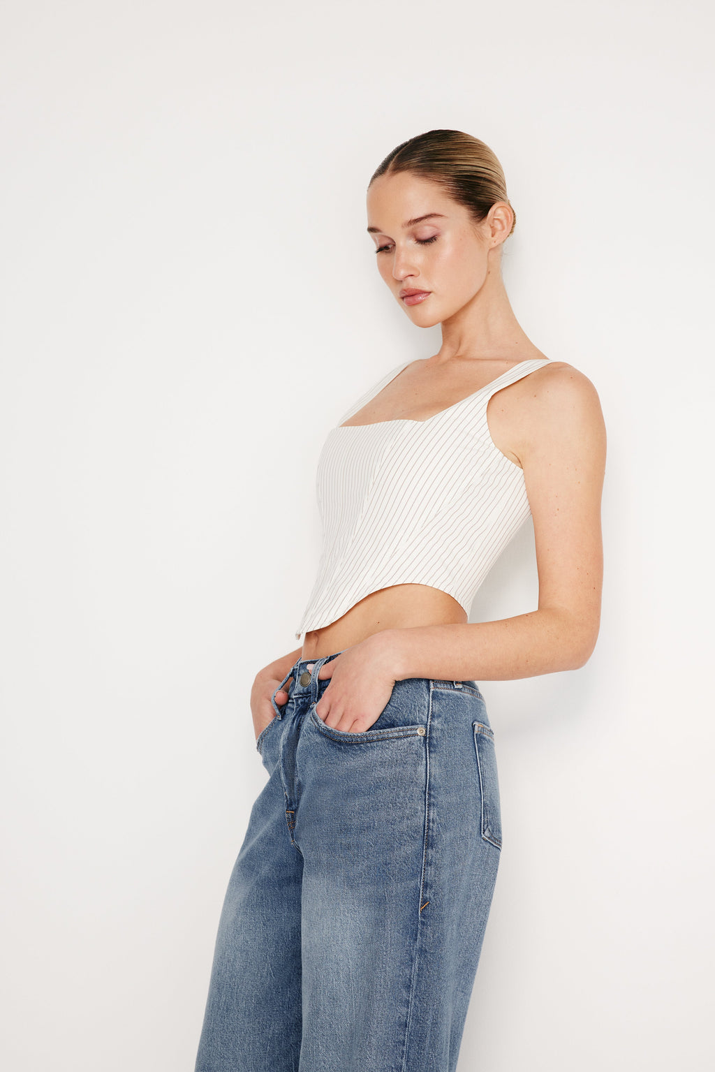Luxury POPLIN CORSET TOP PUTTY PENCIL STRIPE003