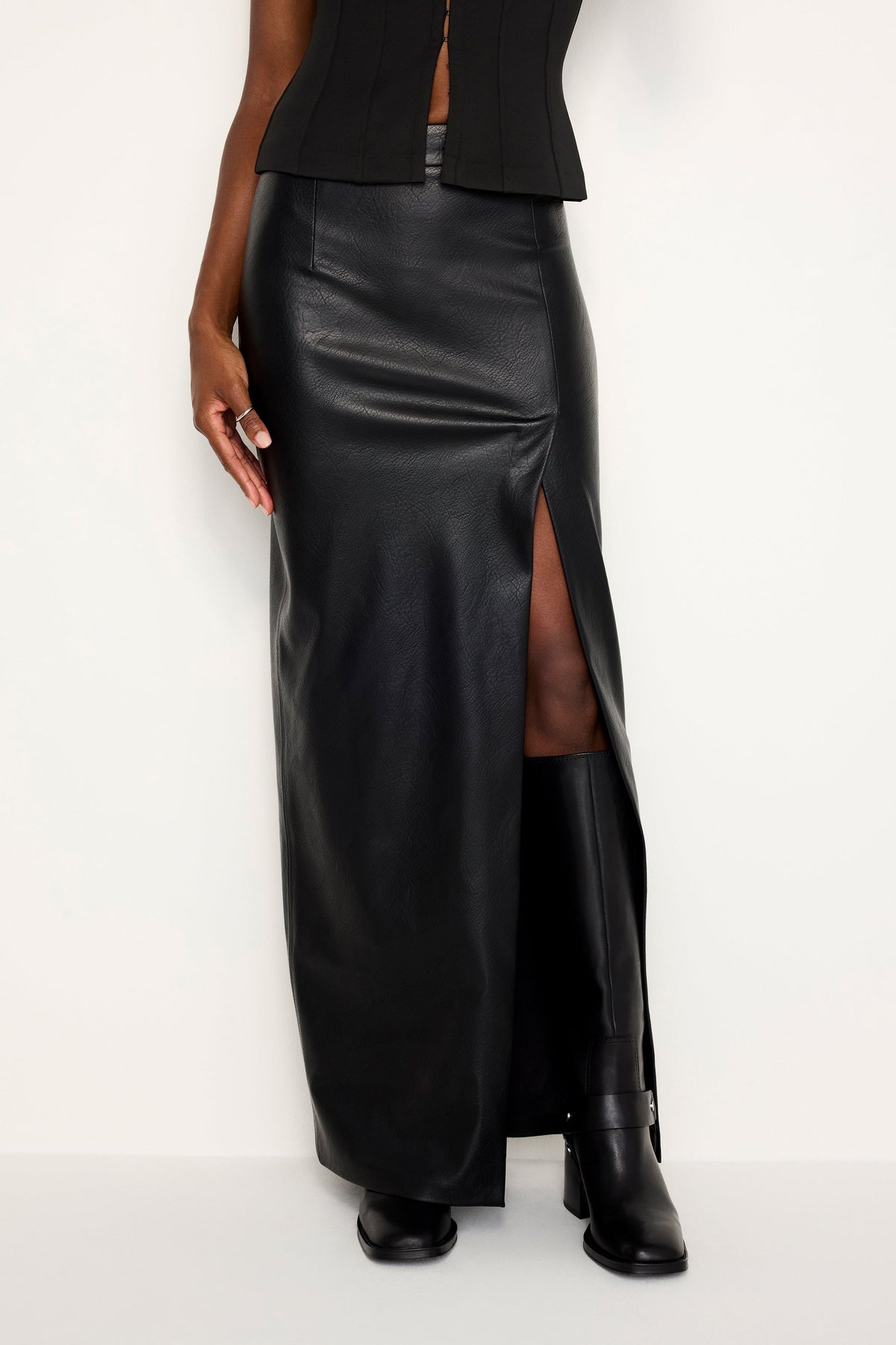 Luxury FAUX LEATHER MAXI SKIRT BLACK001