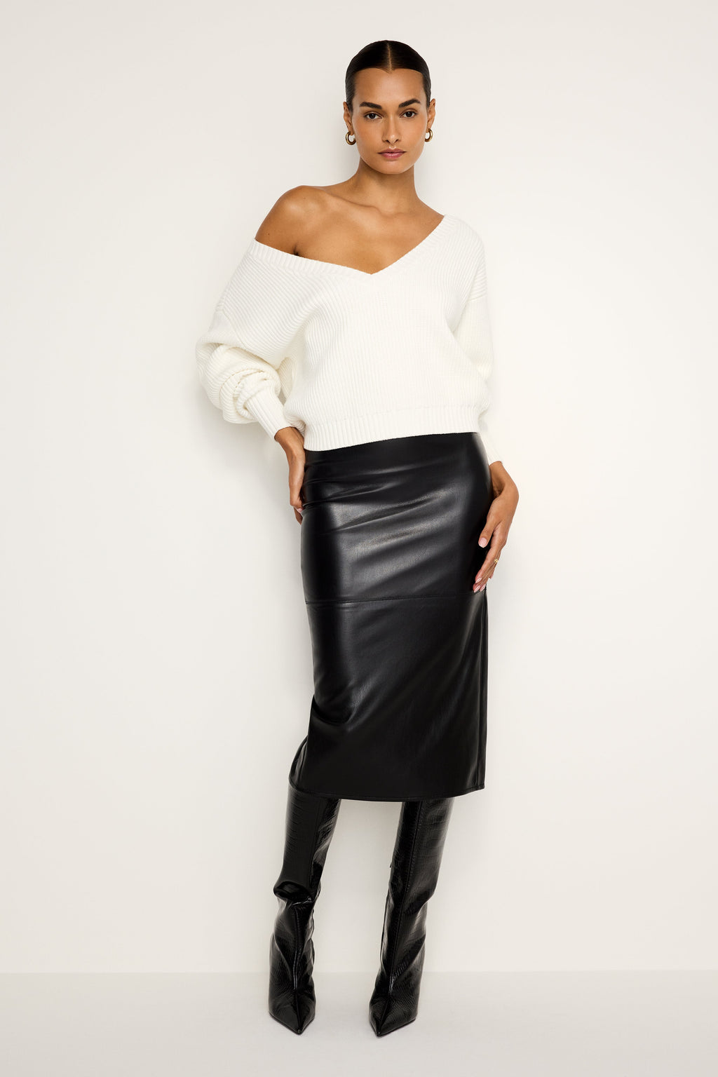 Luxury FAUX LEATHER MIDI SKIRT BLACK001