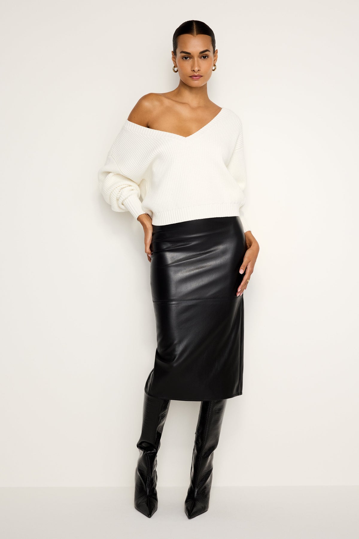 Luxury FAUX LEATHER MIDI SKIRT BLACK001
