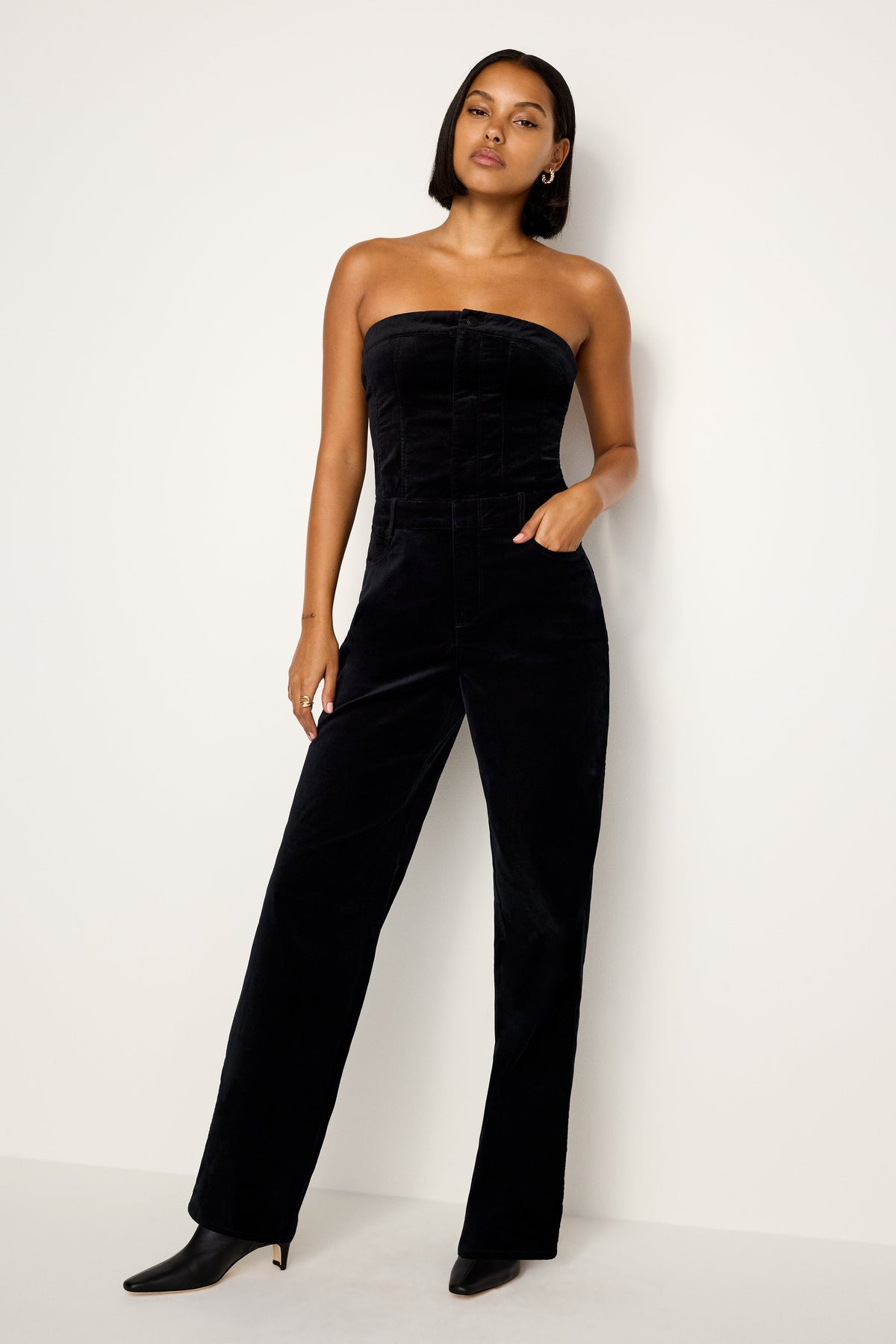 Luxury FIT FOR SUCCESS STRAPLESS VELVET JUMPSUIT BLACK001