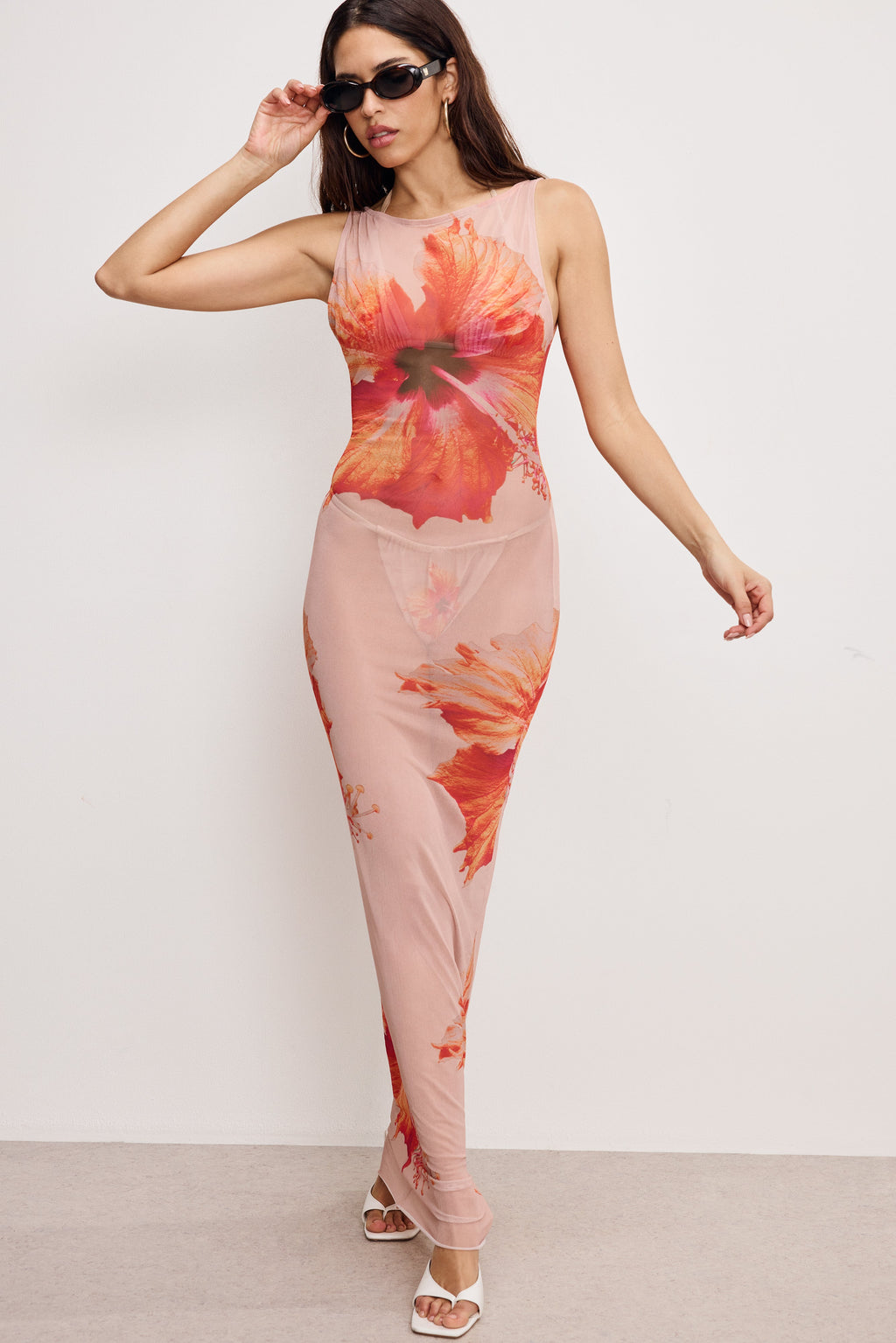 Luxury GAUZE MESH MAXI DRESS MAUVE TROPICAL HIBISCUS001