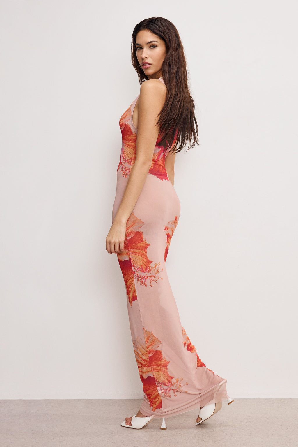 Luxury GAUZE MESH MAXI DRESS MAUVE TROPICAL HIBISCUS001