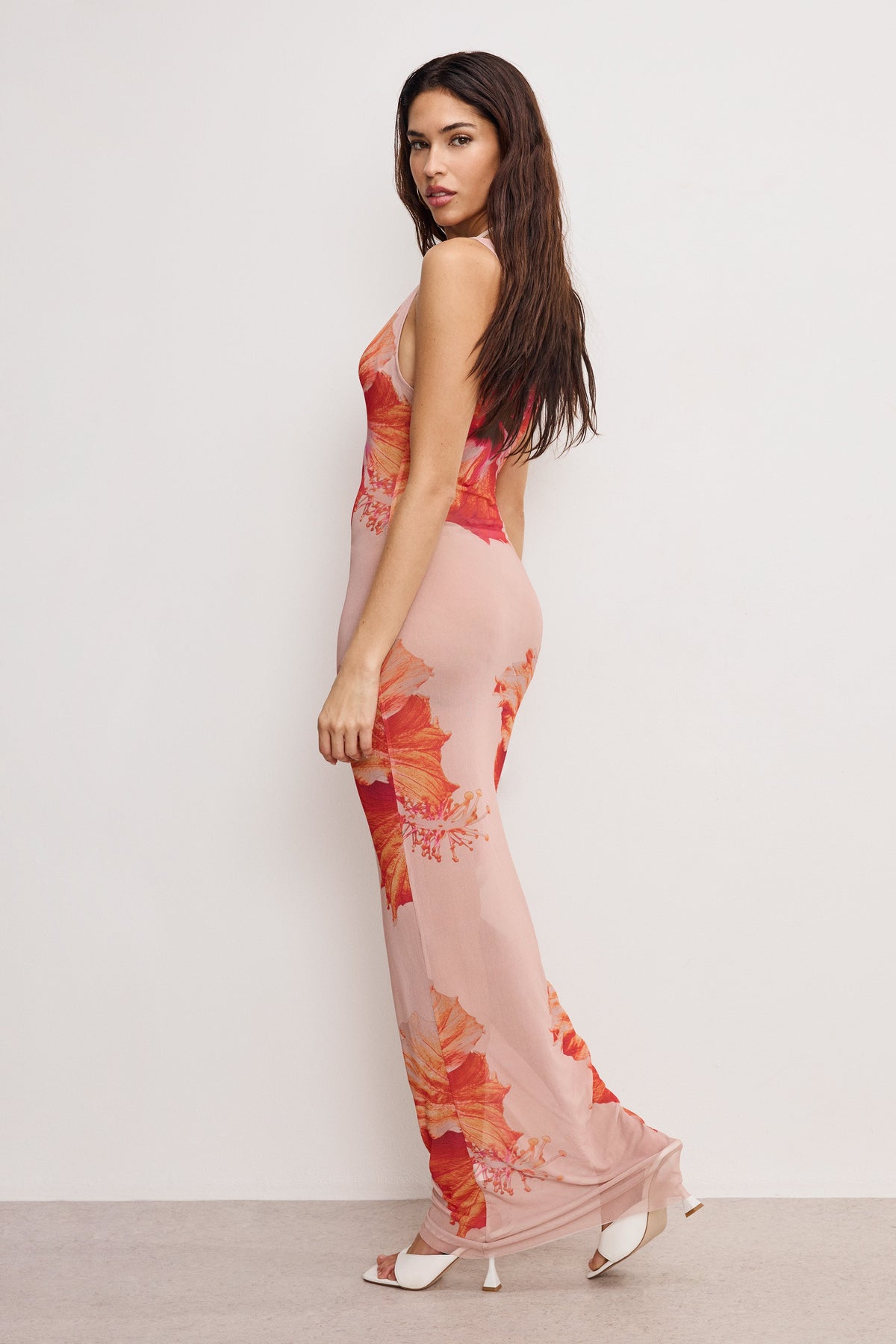 Luxury GAUZE MESH MAXI DRESS MAUVE TROPICAL HIBISCUS001
