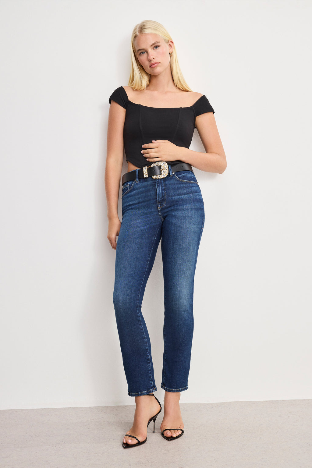 Luxury DOLLY CLASSIC CRYSTAL LEATHER BELT BLACK001