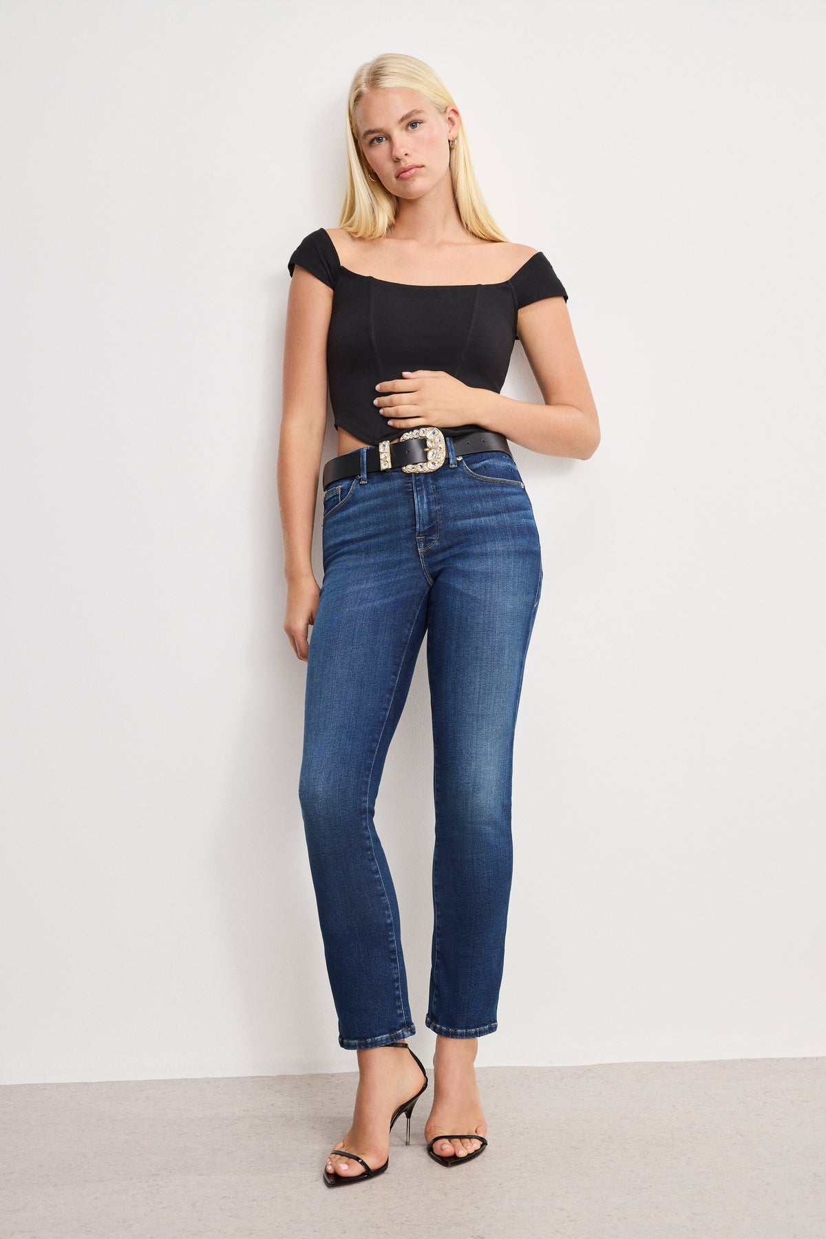 Luxury DOLLY CLASSIC CRYSTAL LEATHER BELT BLACK001