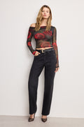 Luxury MESH RUCHED ASYMMETRIC TOP MOODY RED ROSES001