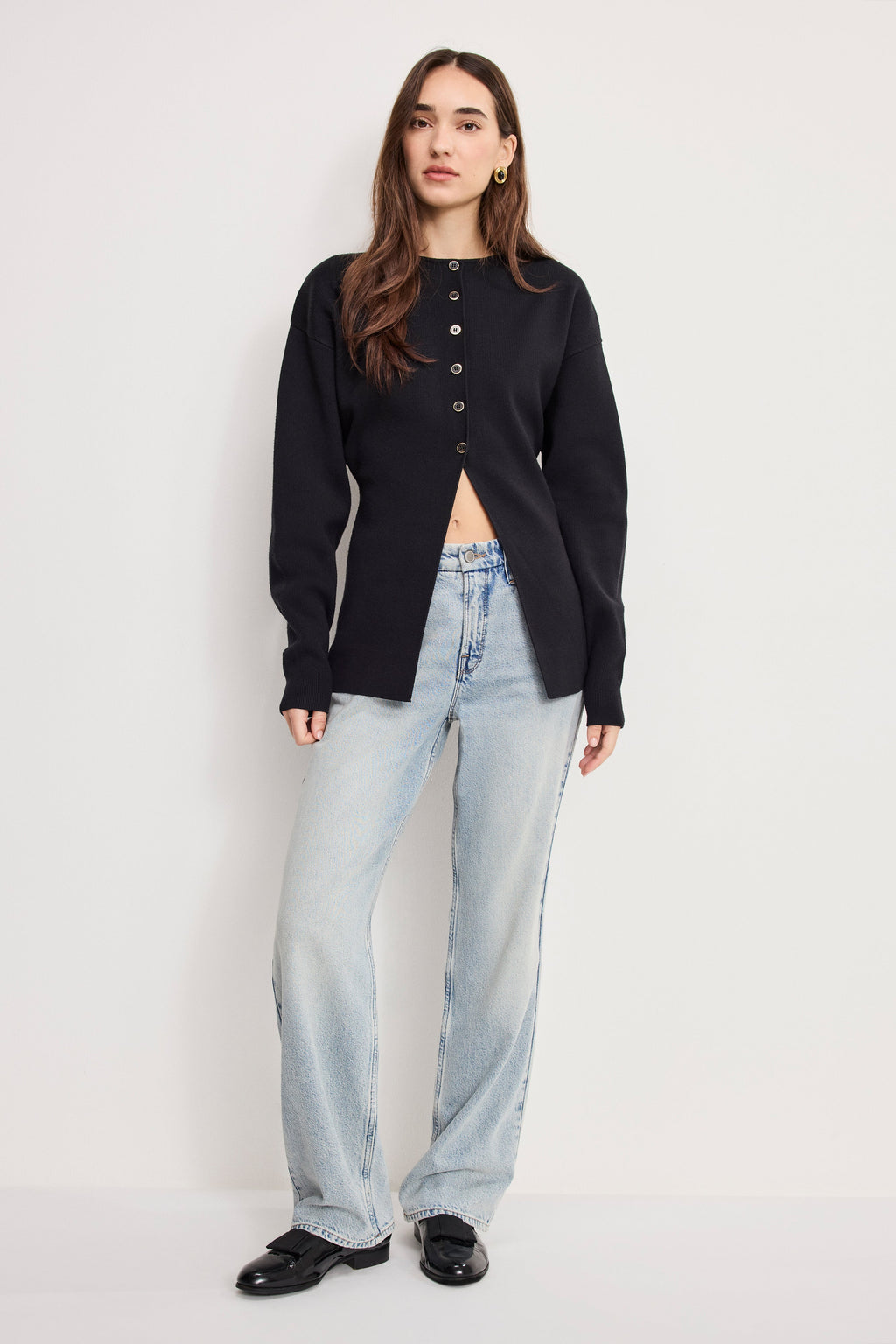 Luxury EXAGGERATED SLEEVE CARDIGAN SWEATER BLACK001