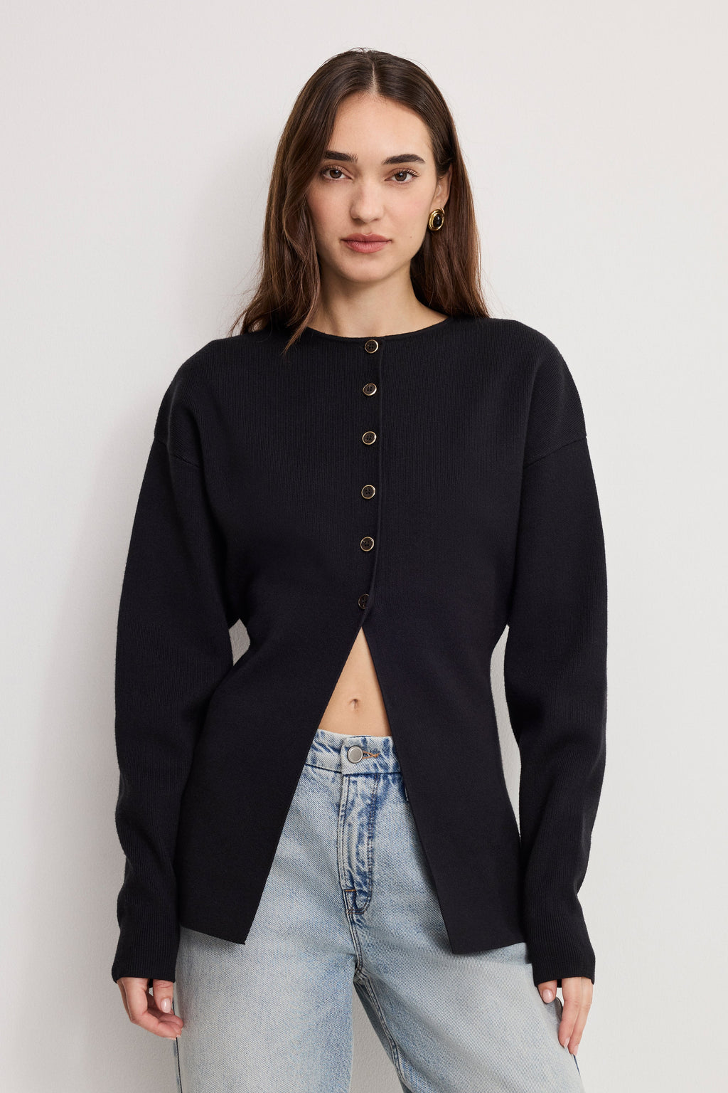 Luxury EXAGGERATED SLEEVE CARDIGAN SWEATER BLACK001