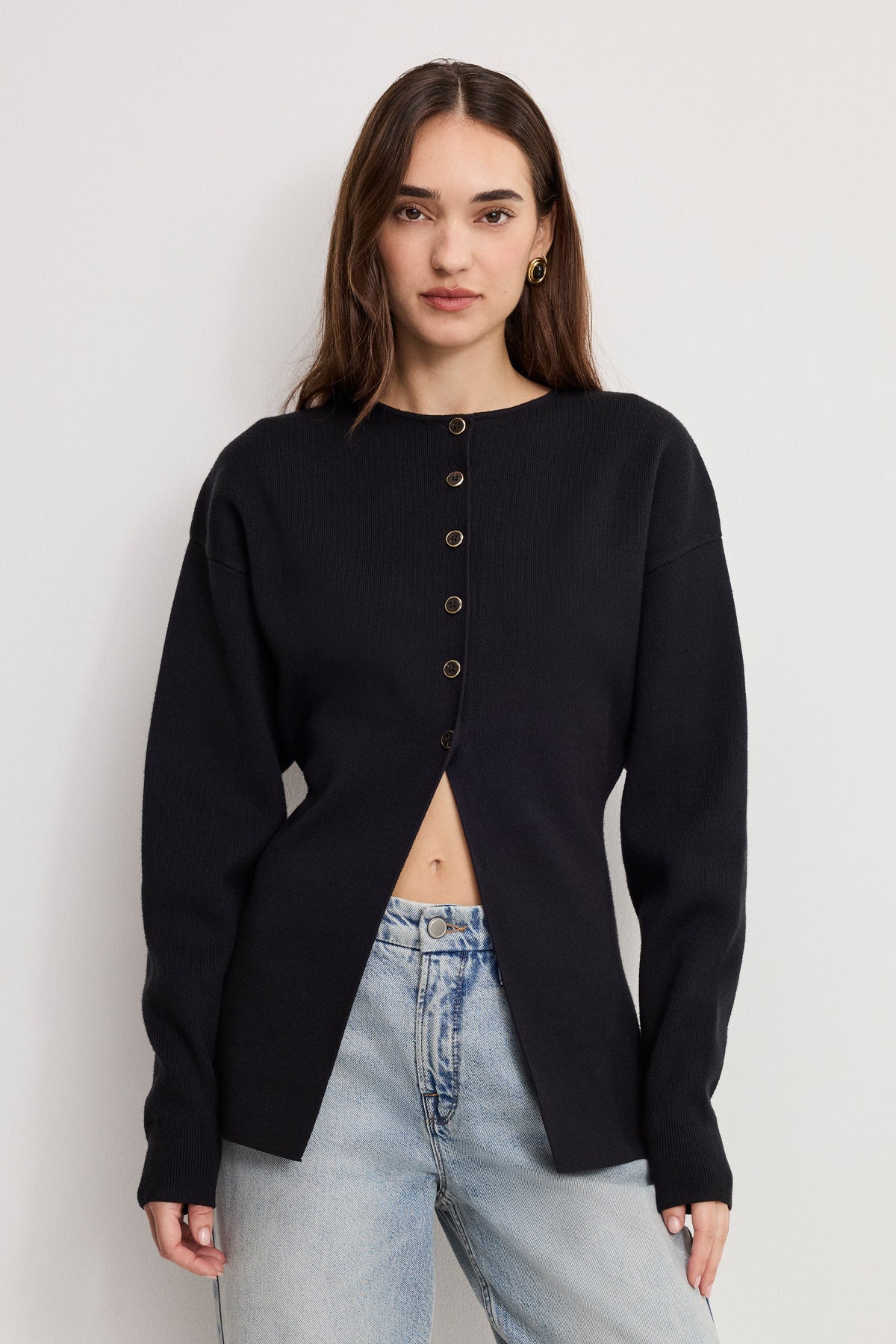 Luxury EXAGGERATED SLEEVE CARDIGAN SWEATER BLACK001