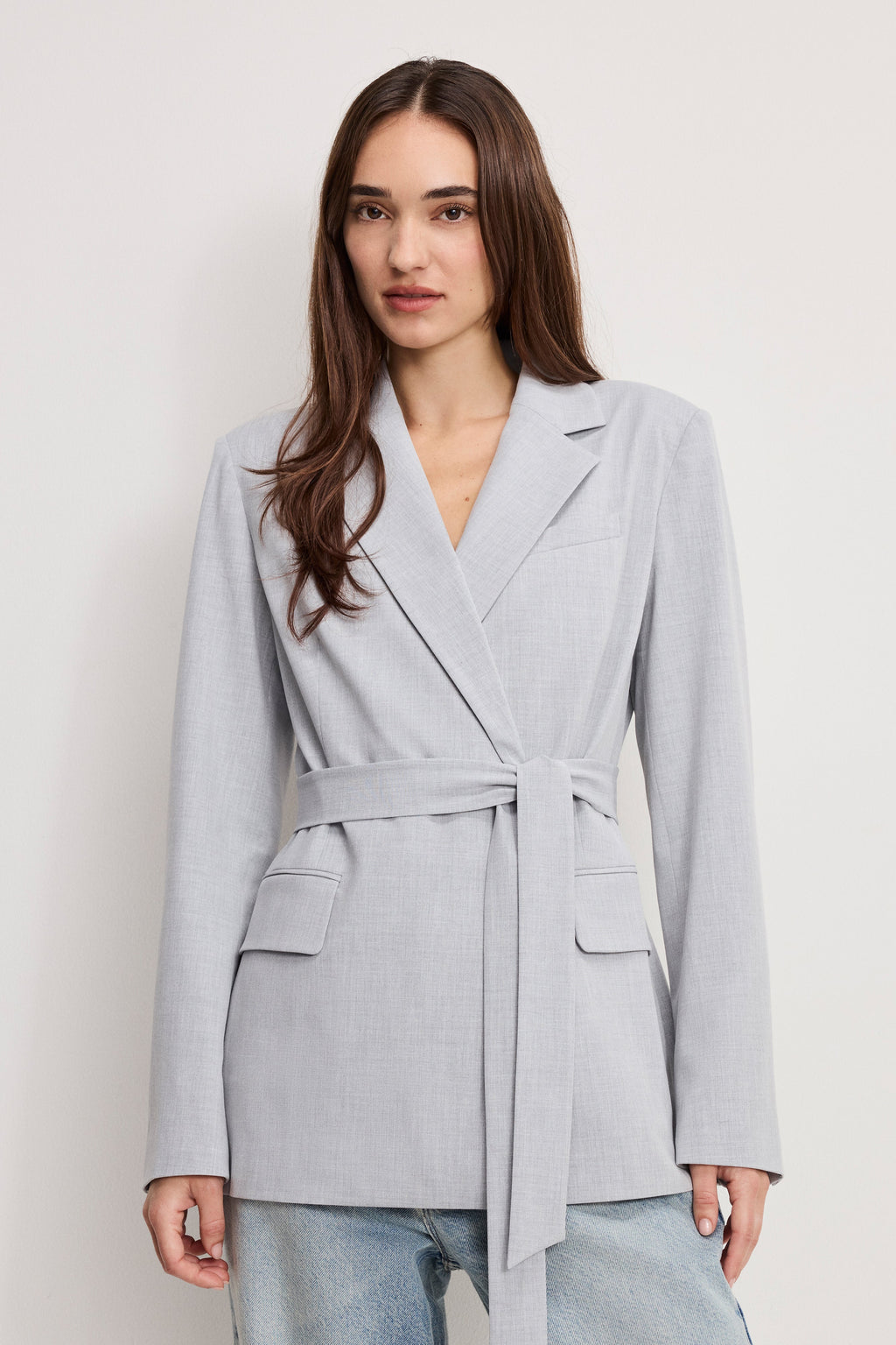 Luxury ESSENTIAL SUITING BELTED BLAZER CROSSHATCH GREY