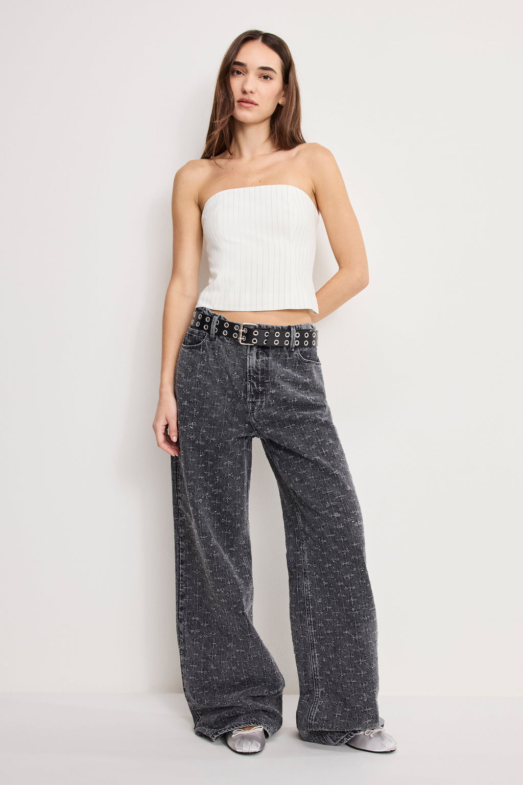 Luxury ESSENTIAL SUITING STRAPLESS TOP CHESTNUT PIN STRIPE