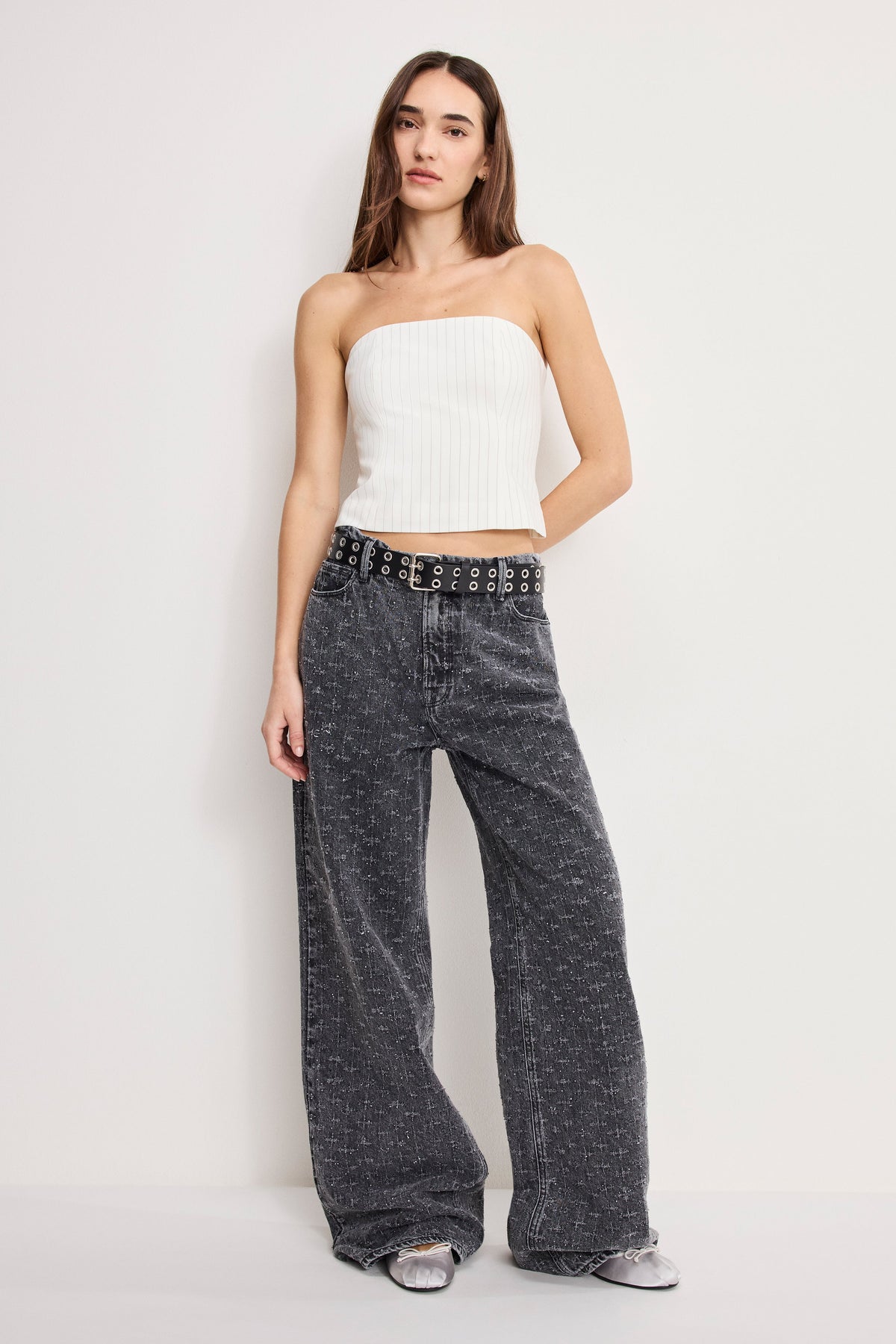 Luxury ESSENTIAL SUITING STRAPLESS TOP CHESTNUT PIN STRIPE