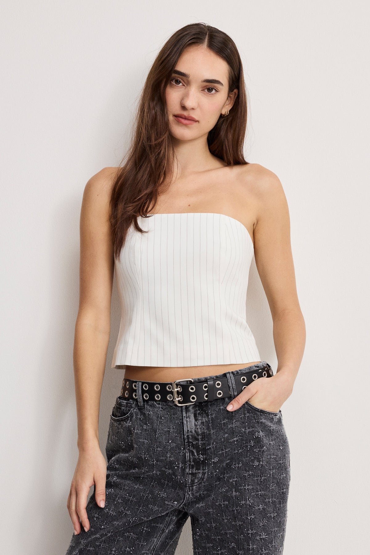 Luxury ESSENTIAL SUITING STRAPLESS TOP CHESTNUT PIN STRIPE