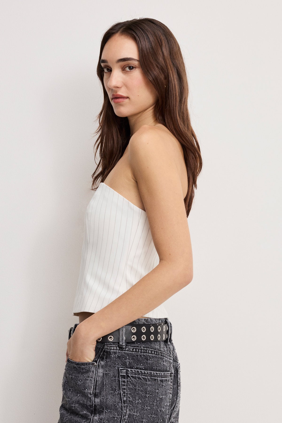 Luxury ESSENTIAL SUITING STRAPLESS TOP CHESTNUT PIN STRIPE