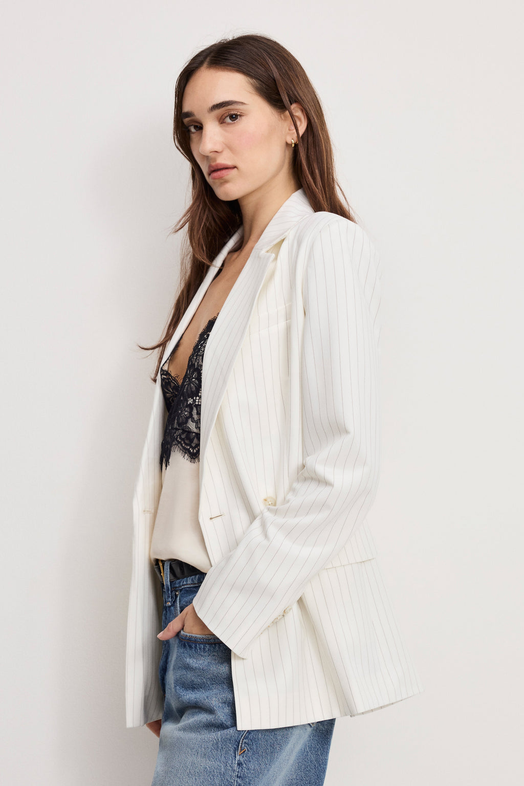 Luxury ESSENTIAL SUITING BELTED BLAZER CHESTNUT PIN STRIPE