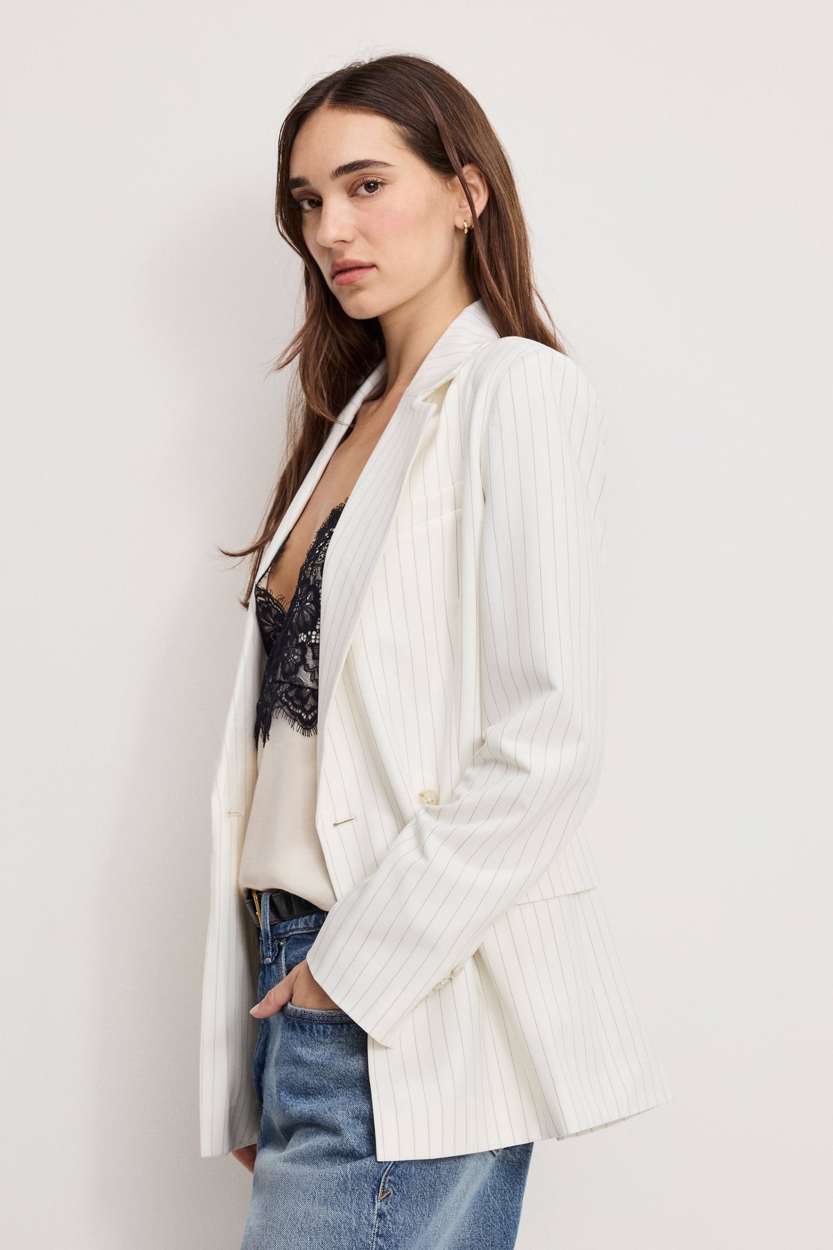 Luxury ESSENTIAL SUITING BELTED BLAZER CHESTNUT PIN STRIPE