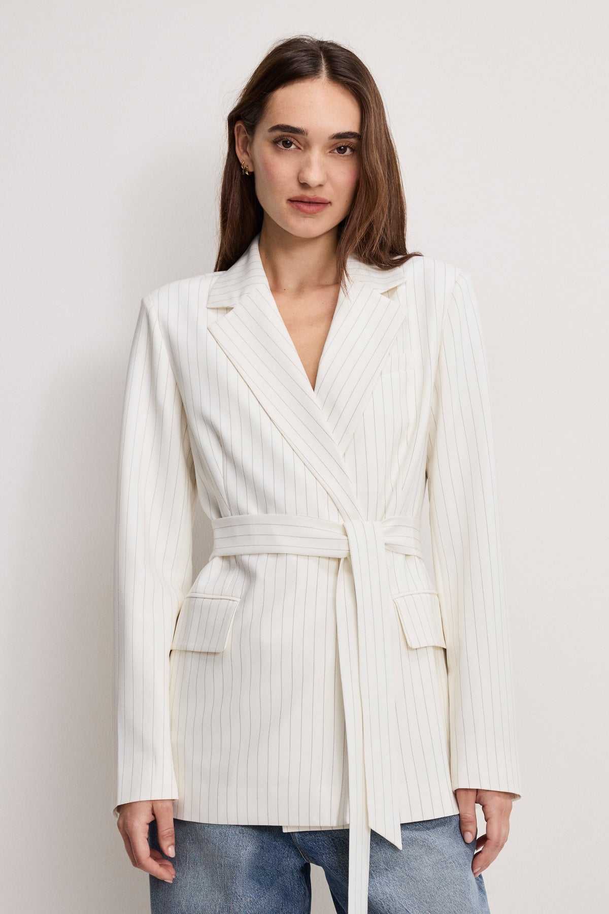 Luxury ESSENTIAL SUITING BELTED BLAZER CHESTNUT PIN STRIPE