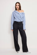 Luxury OFF-SHOULDER POPLIN BODYSUIT INDIGO STRIPE