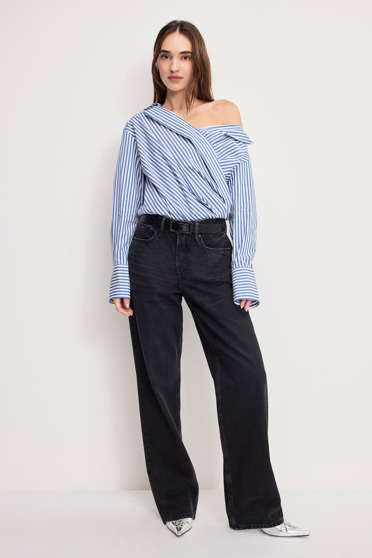 Luxury OFF-SHOULDER POPLIN BODYSUIT INDIGO STRIPE