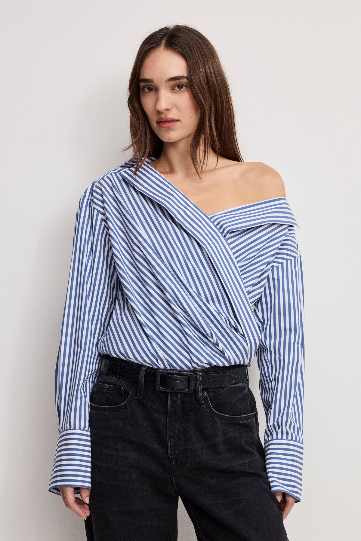 Luxury OFF-SHOULDER POPLIN BODYSUIT INDIGO STRIPE