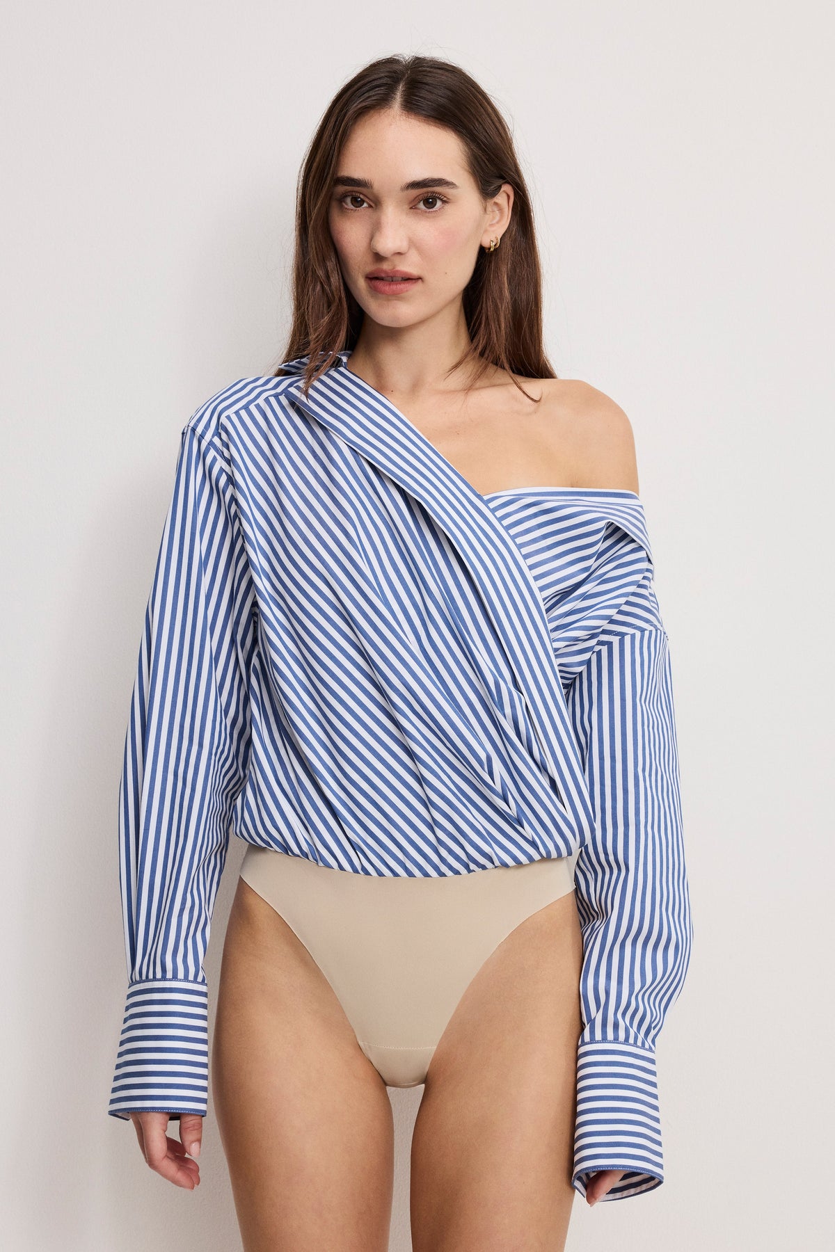 Luxury OFF-SHOULDER POPLIN BODYSUIT INDIGO STRIPE