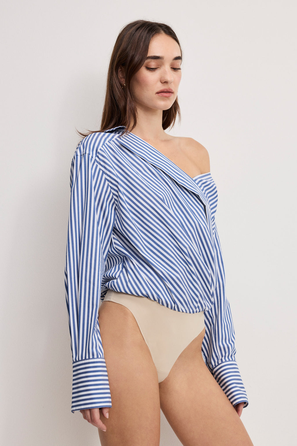 Luxury OFF-SHOULDER POPLIN BODYSUIT INDIGO STRIPE
