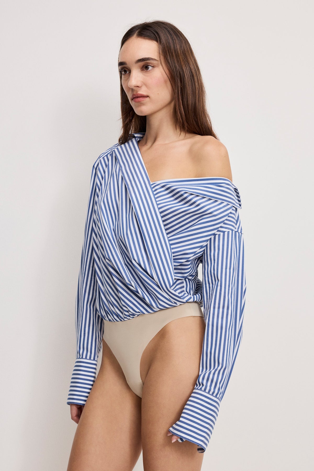 Luxury OFF-SHOULDER POPLIN BODYSUIT INDIGO STRIPE