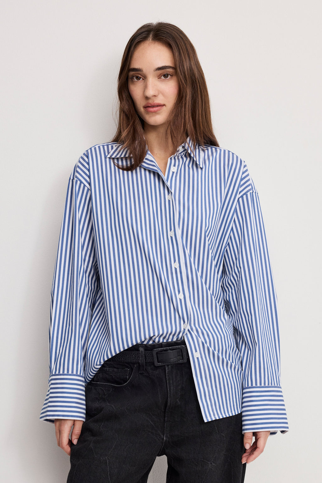 Luxury POPLIN OVERSIZED SHIRT W BUTTON ADJUSTABLE WAIST INDIGO STRIPE