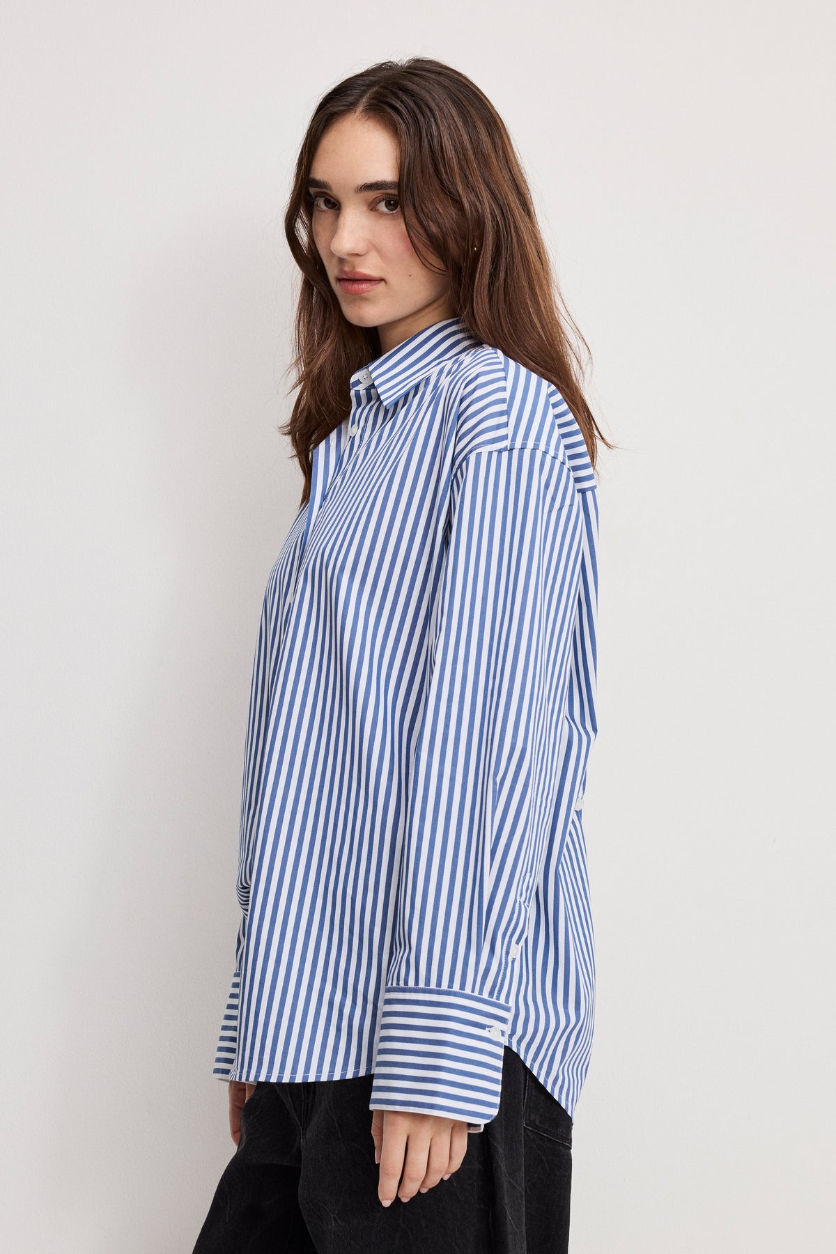 Luxury POPLIN OVERSIZED SHIRT W BUTTON ADJUSTABLE WAIST INDIGO STRIPE