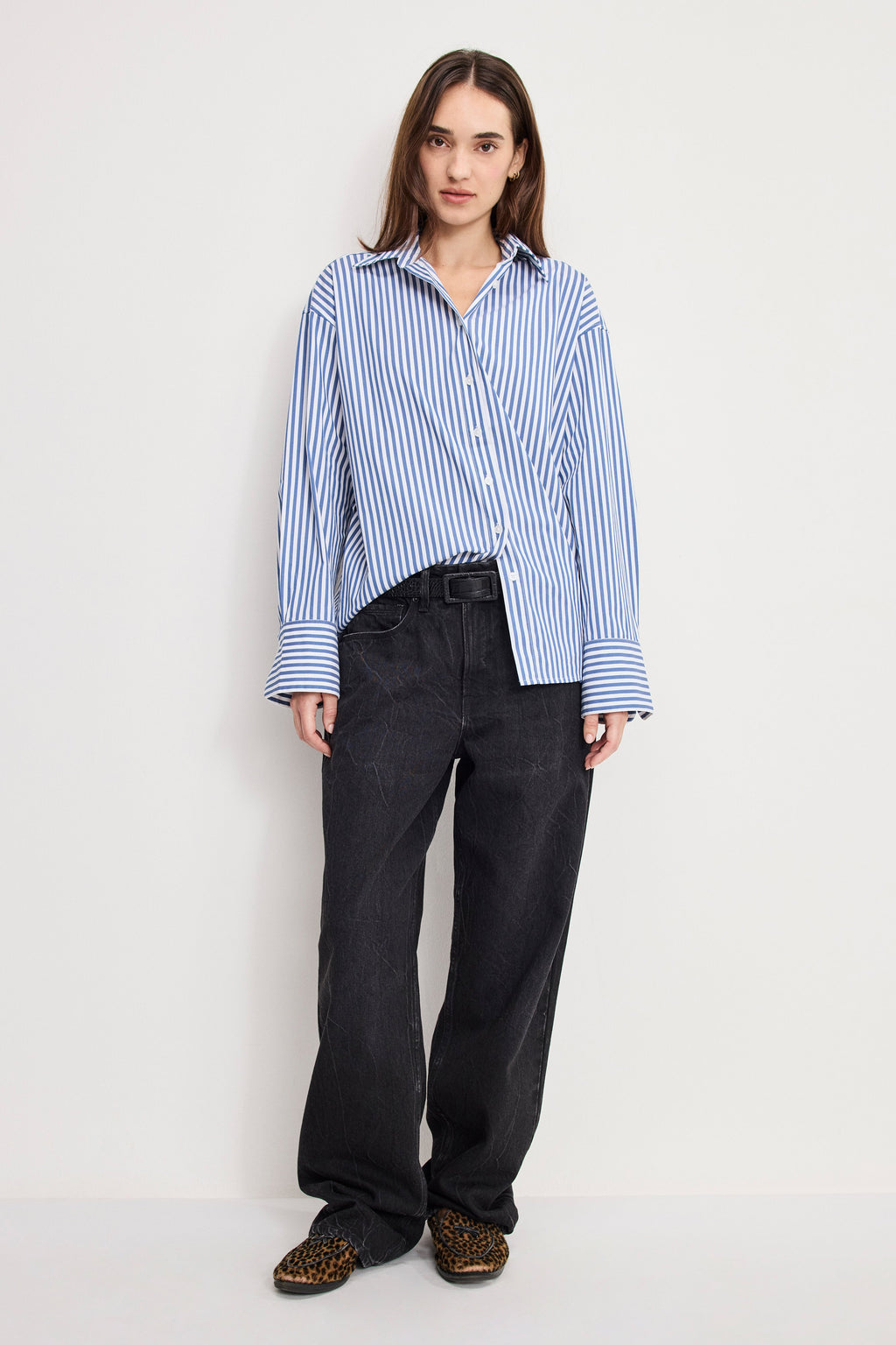 Luxury POPLIN OVERSIZED SHIRT W BUTTON ADJUSTABLE WAIST INDIGO STRIPE