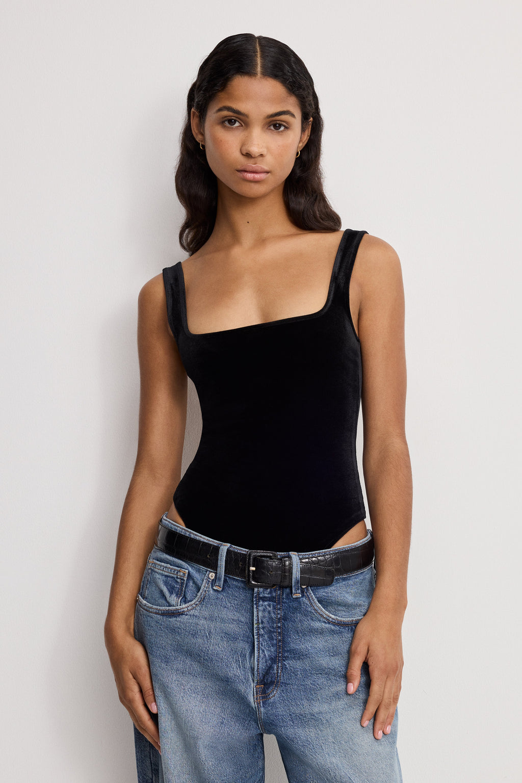 Luxury VELVET MODERN TANK BODYSUIT BLACK001
