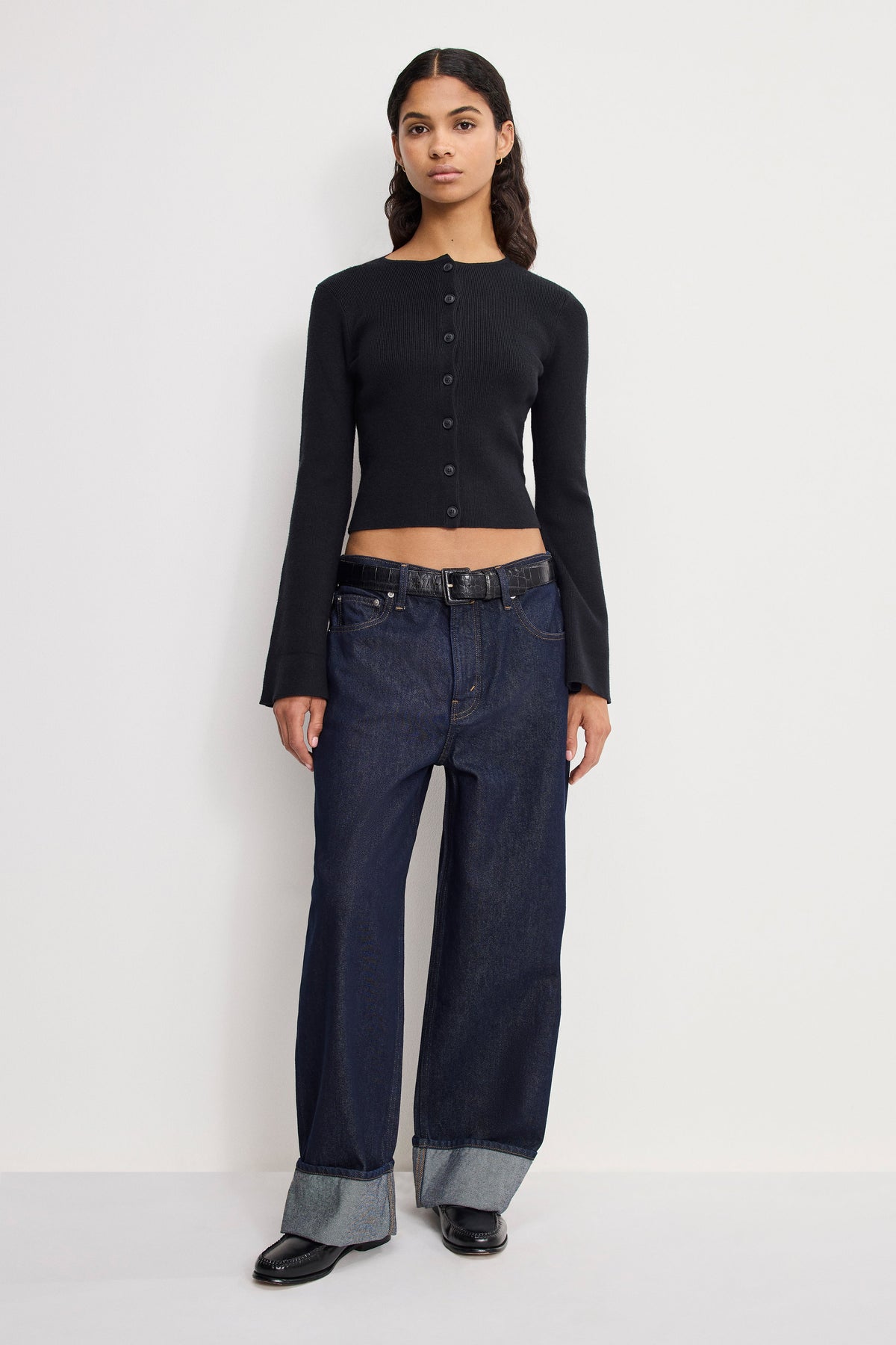Luxury BELL SLEEVE KNIT CARDIGAN BLACK001