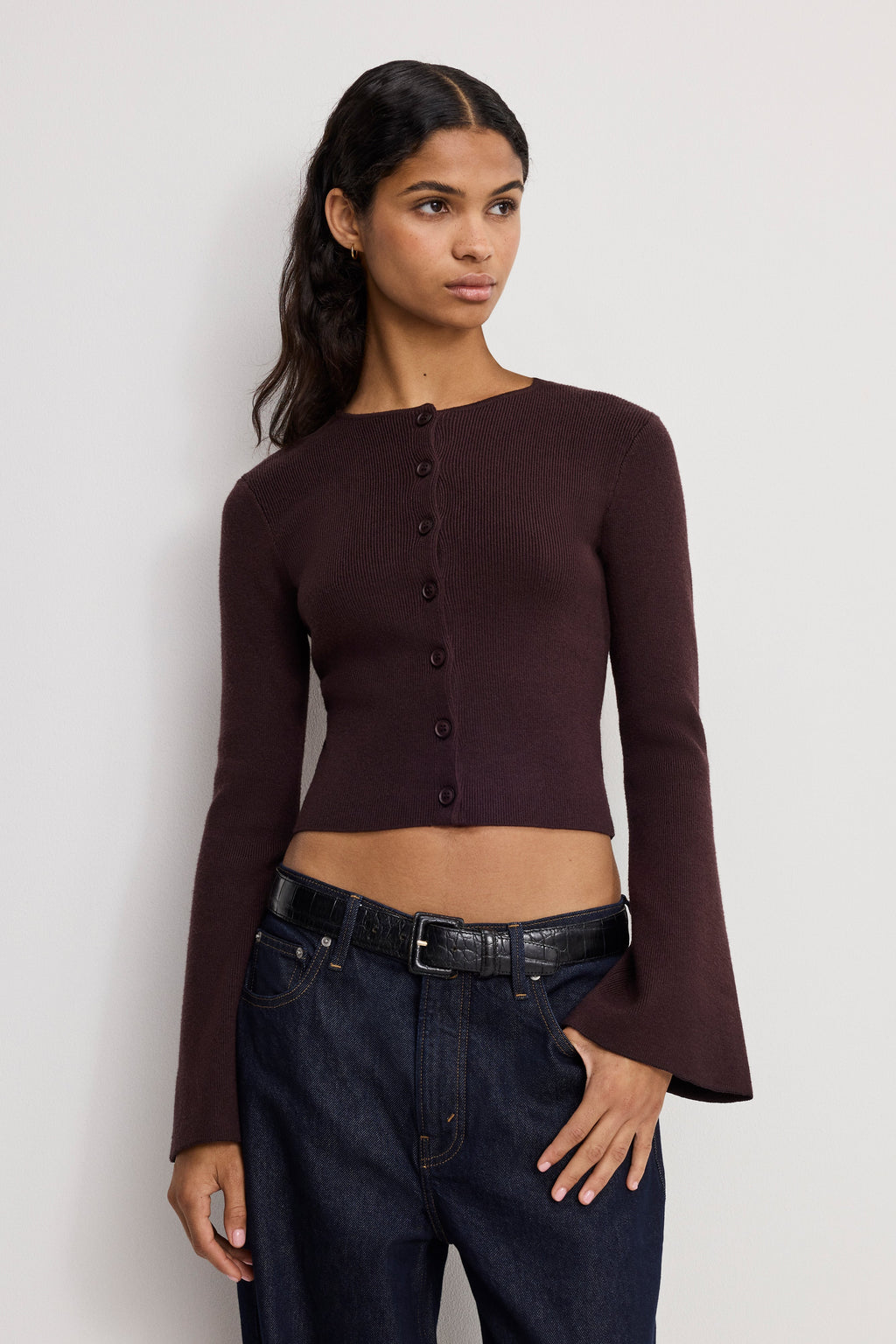 Luxury BELL SLEEVE KNIT CARDIGAN BARK003