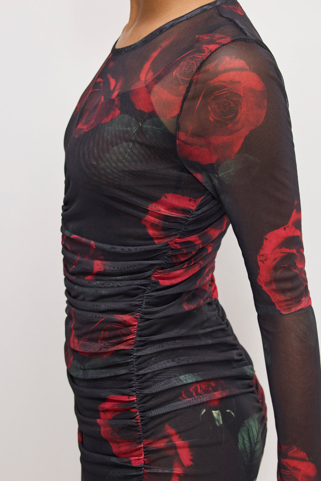 Luxury MESH RUCHED MAXI DRESS MOODY RED ROSES001