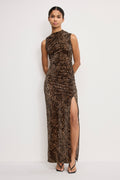 Luxury VELVET HIGH NECK MAXI DRESS MINI LUCKY LEOPARD