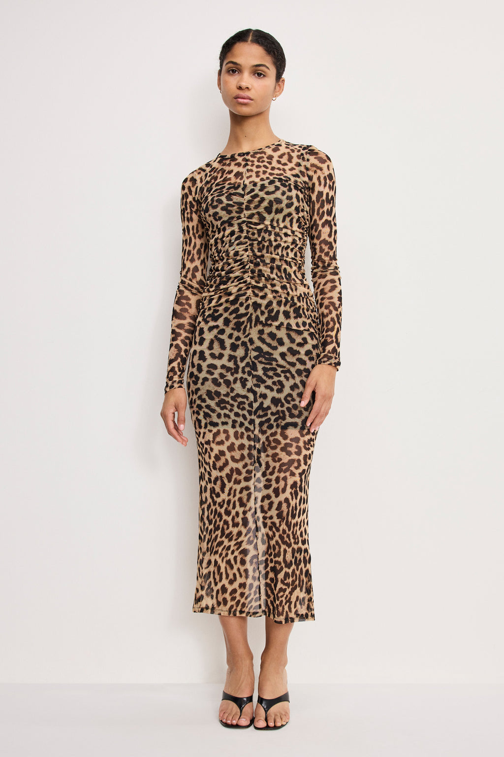 Luxury MESH RUCHED MAXI DRESS LUCKY LEOPARD001