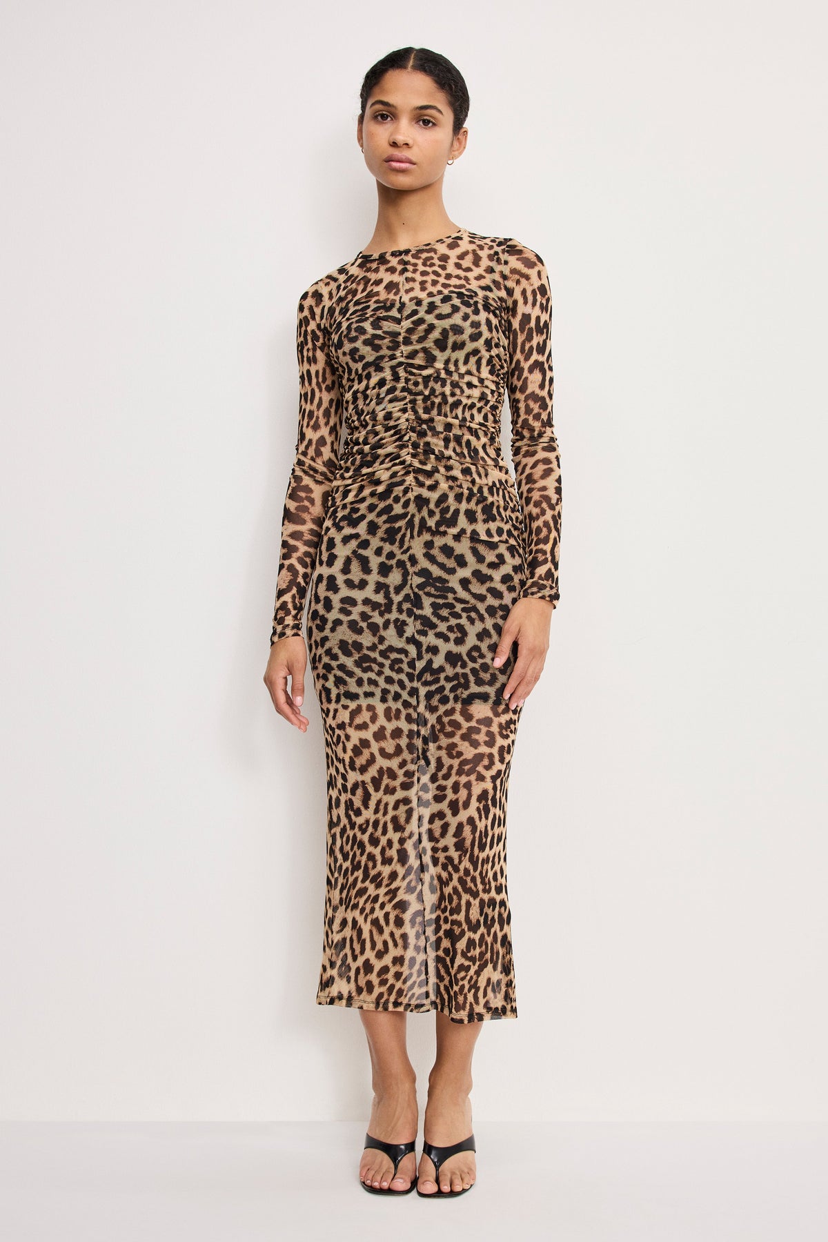 Luxury MESH RUCHED MAXI DRESS LUCKY LEOPARD001