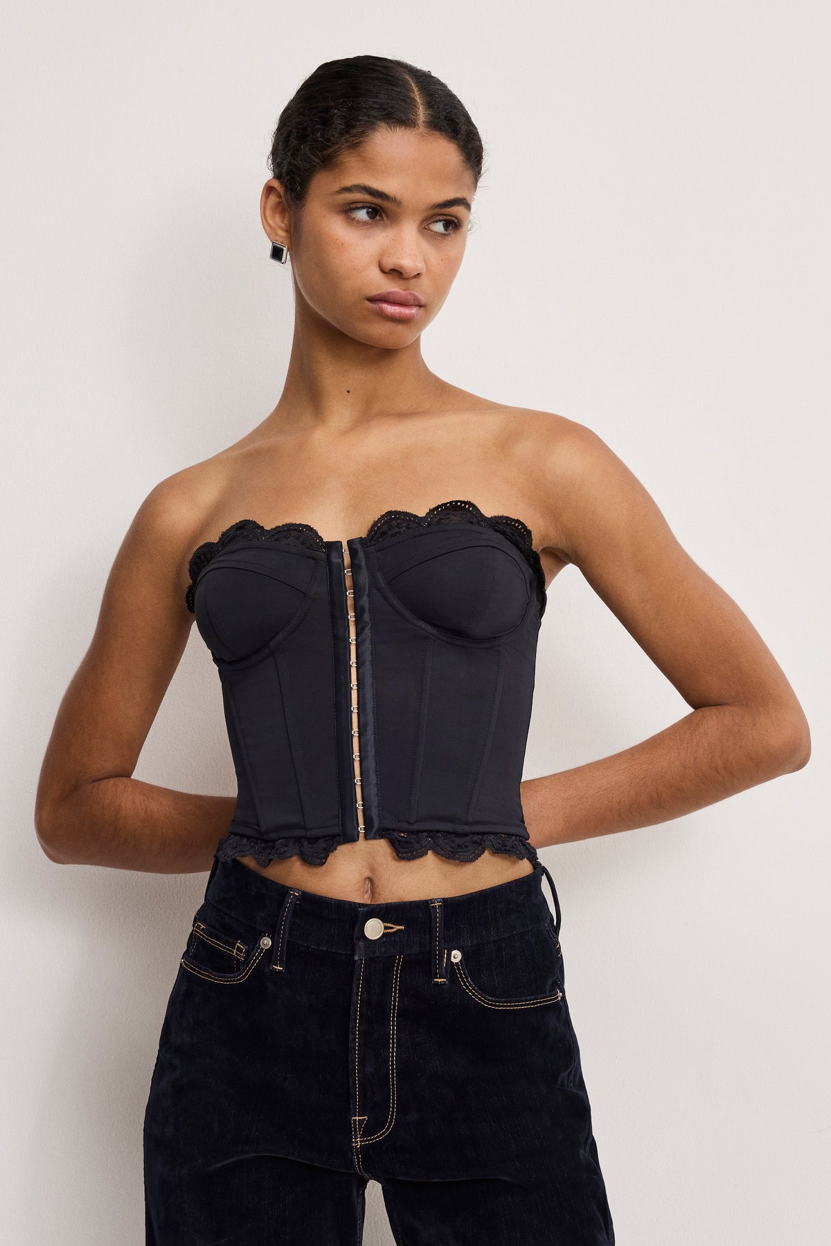 Luxury MATTE JERSEY LACE TRIM BUSTIER BLACK001
