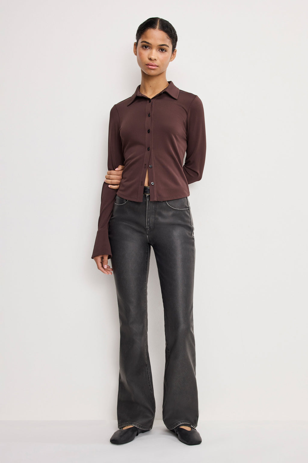 Luxury GOOD CLASSIC BOOTCUT FAUX LEATHER PANTS BLACK001