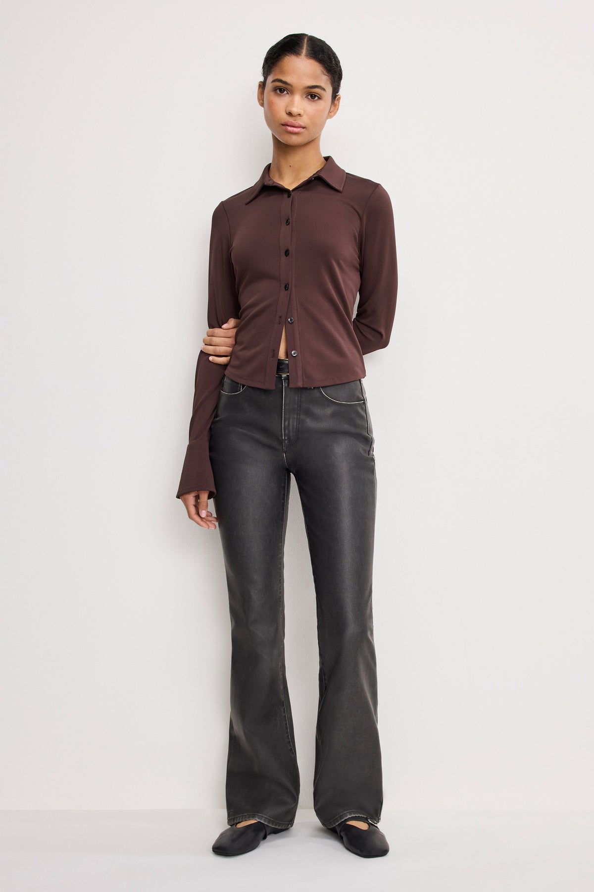 Luxury GOOD CLASSIC BOOTCUT FAUX LEATHER PANTS BLACK001