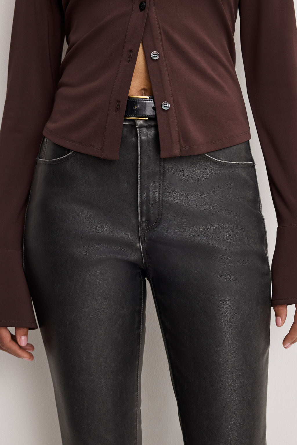 Luxury GOOD CLASSIC BOOTCUT FAUX LEATHER PANTS BLACK001