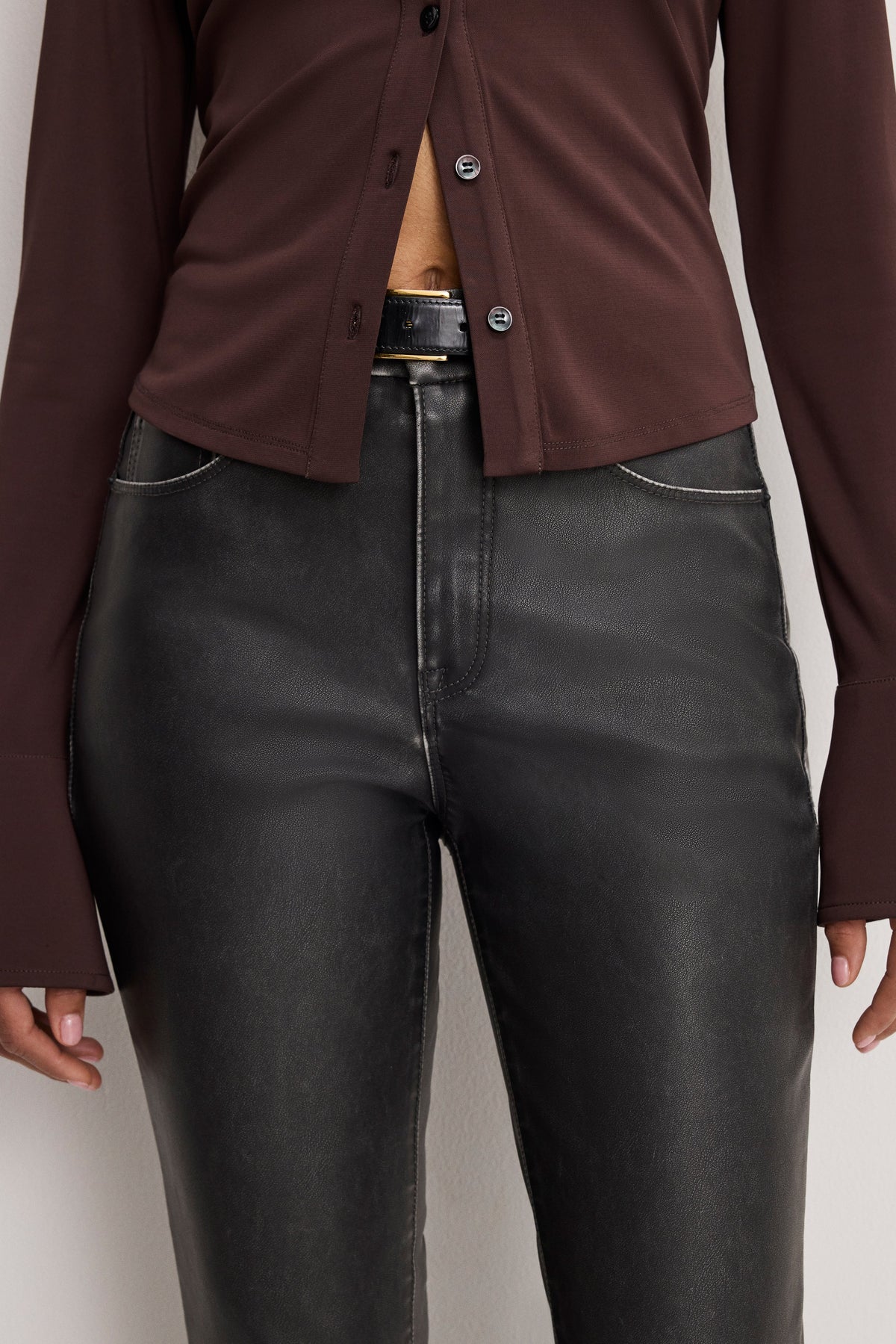 Luxury GOOD CLASSIC BOOTCUT FAUX LEATHER PANTS BLACK001
