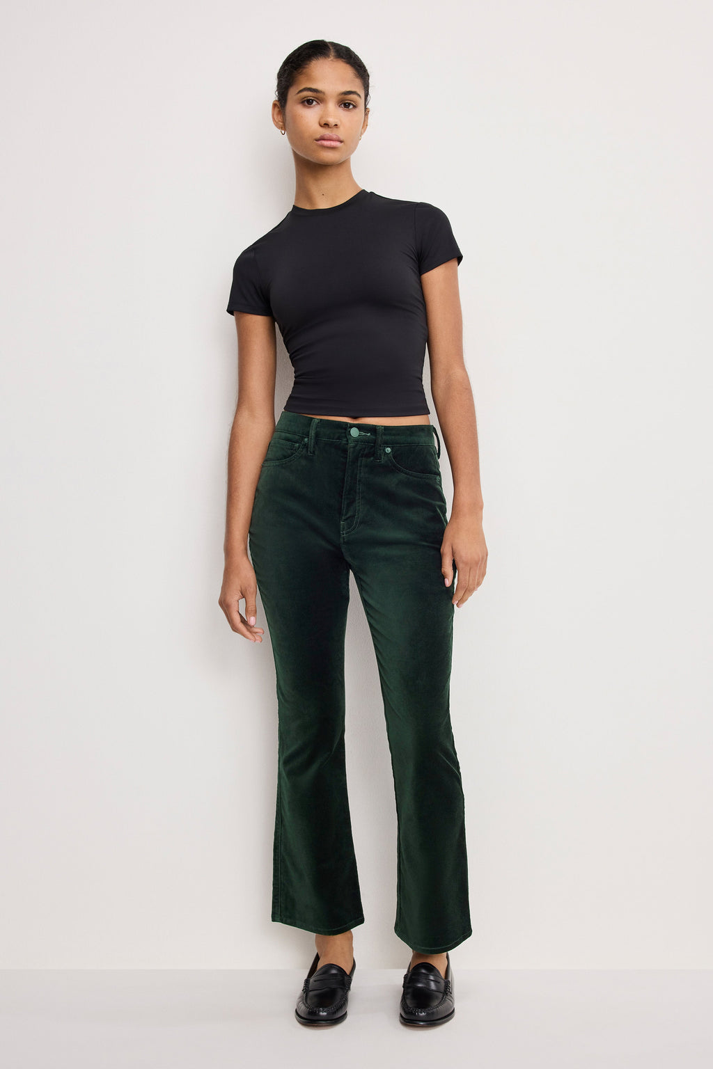 Luxury VELVET GOOD HIGH RISE KICK FLARE PANTS PINE GREEN003