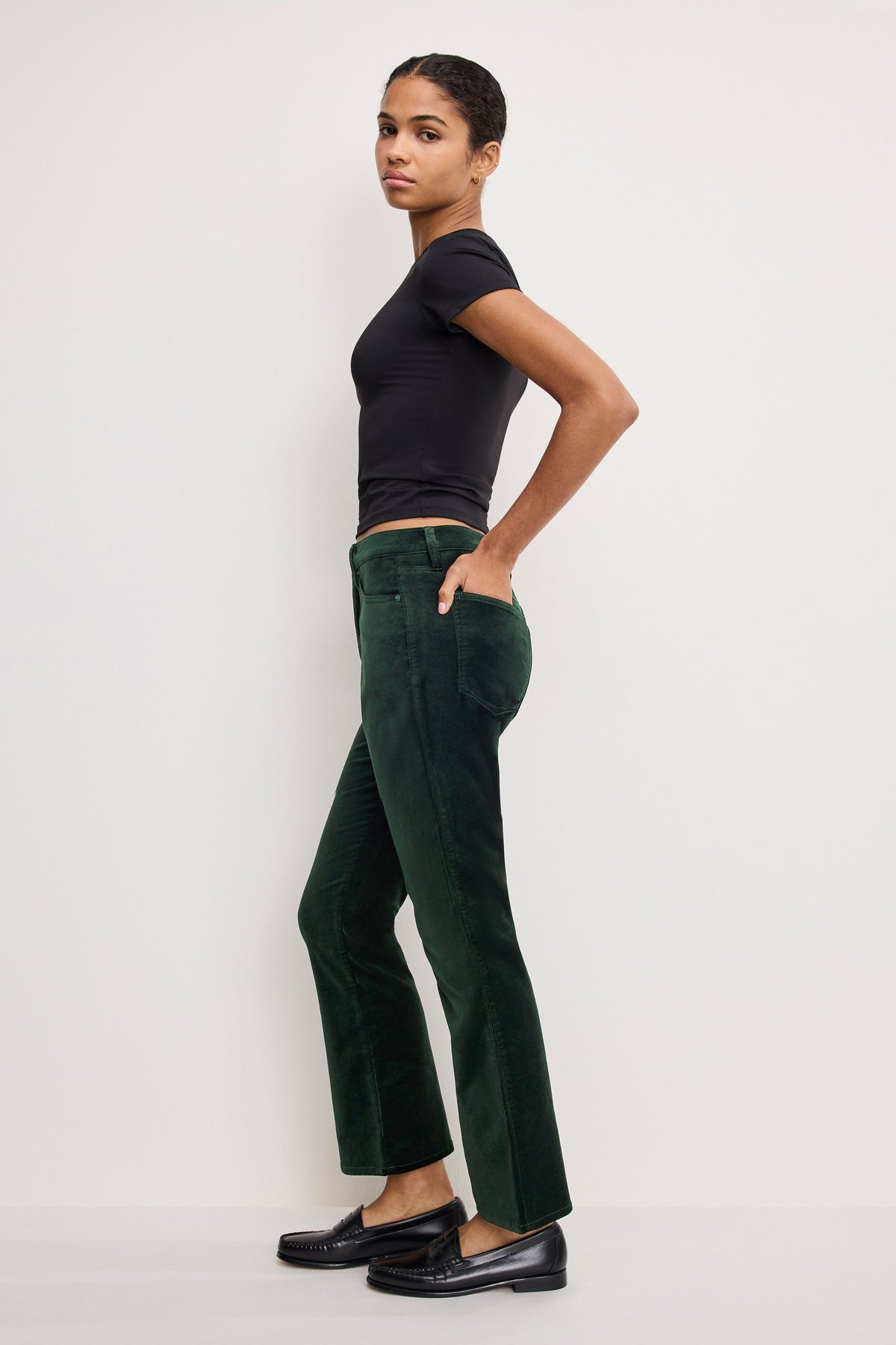 Luxury VELVET GOOD HIGH RISE KICK FLARE PANTS PINE GREEN003