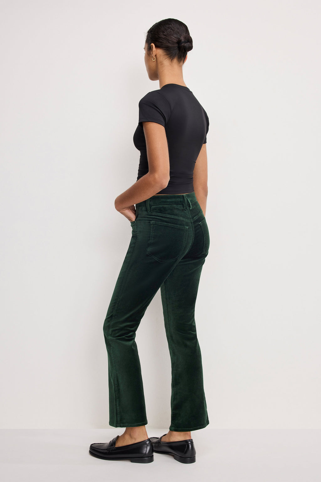 Luxury VELVET GOOD HIGH RISE KICK FLARE PANTS PINE GREEN003