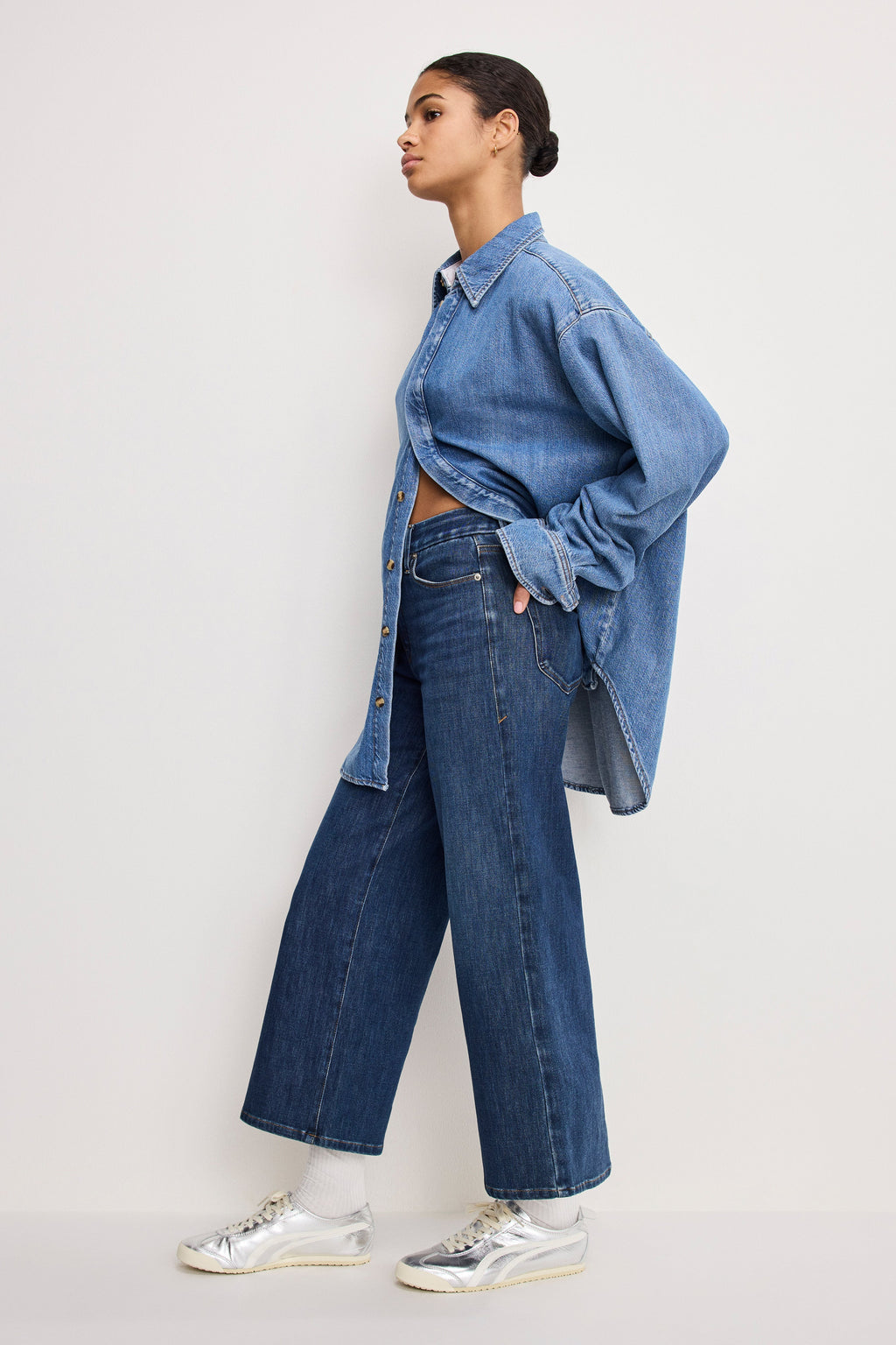 Luxury SOFT TECH GOOD WAIST PALAZZO CROPPED JEANS INDIGO977