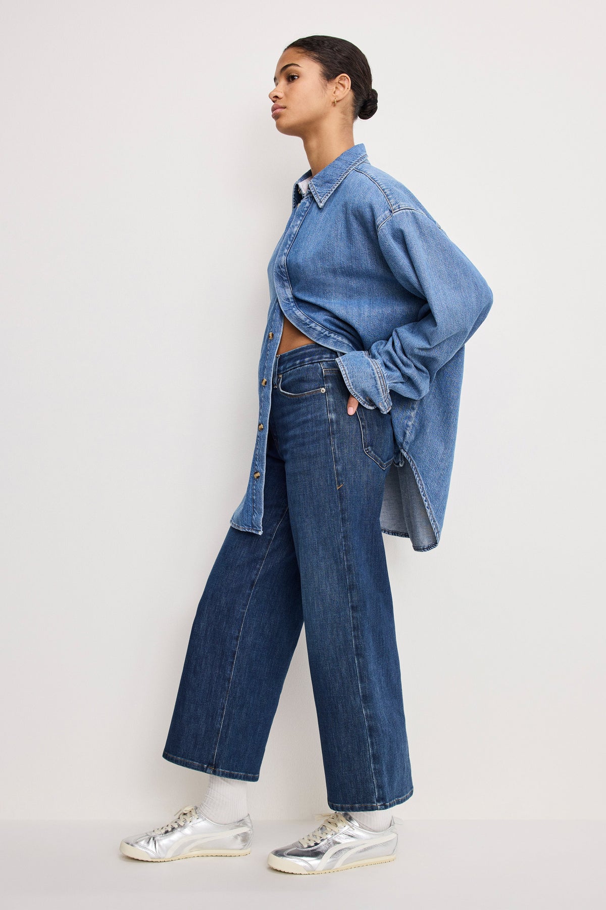 Luxury SOFT TECH GOOD WAIST PALAZZO CROPPED JEANS INDIGO977